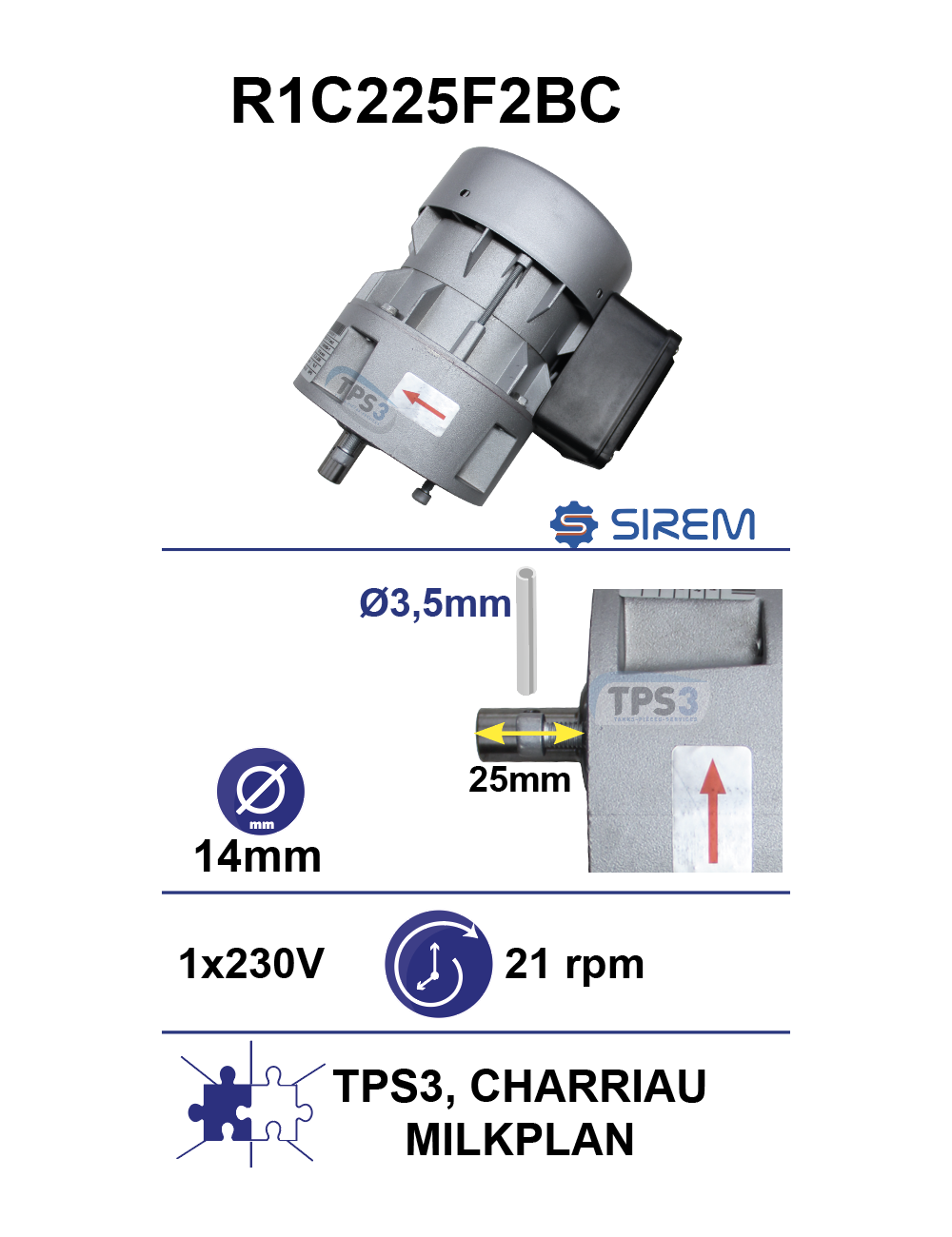 Motoréducteur R1C225F2BC 21tr/min arbre TPS-3 CHARRIAU MP