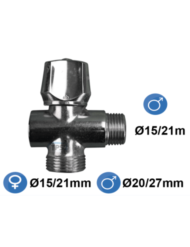 Robinet en croix, entrée mâle 15/21 sortie femelle 15/21 + sortie mâle 20/27