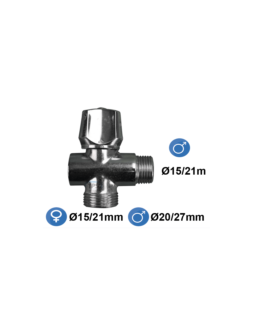 Robinet en croix, entrée mâle 15/21 sortie femelle 15/21 + sortie mâle 20/27 Robinet en croix, entrée mâle 15/21 sortie femelle 15/21 + sortie mâle 20/27