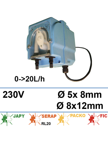 Pompe doseuse 24Vdc/240V 0-20L/h avec câble et embouts pour tube 5x8 et 8x12