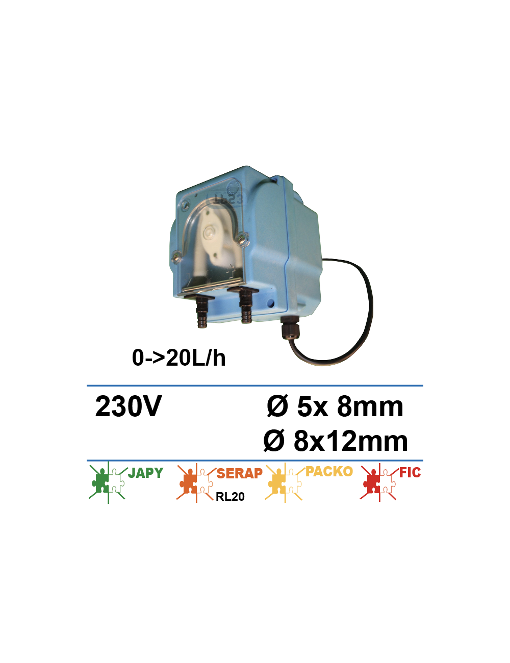 Pompe doseuse 24Vdc/240V 0-20L/h avec câble et embouts pour tube 5x8 et 8x12