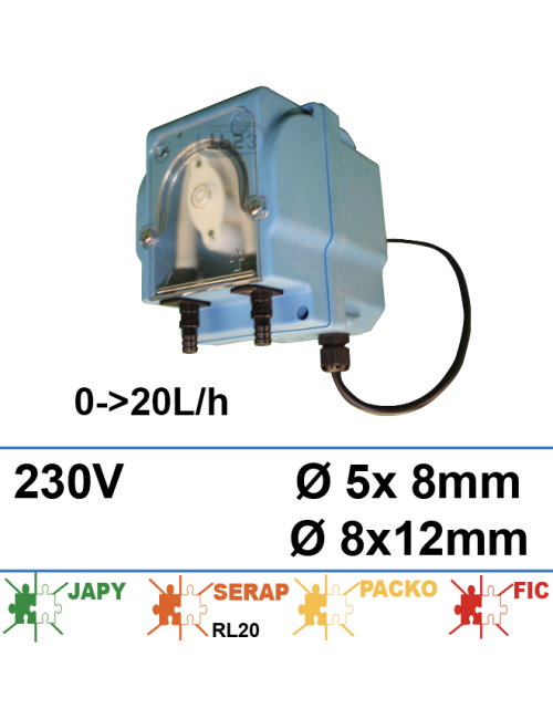 Pompe doseuse 24Vdc/240V 0-20L/h avec câble et embouts pour tube 5x8 et 8x12