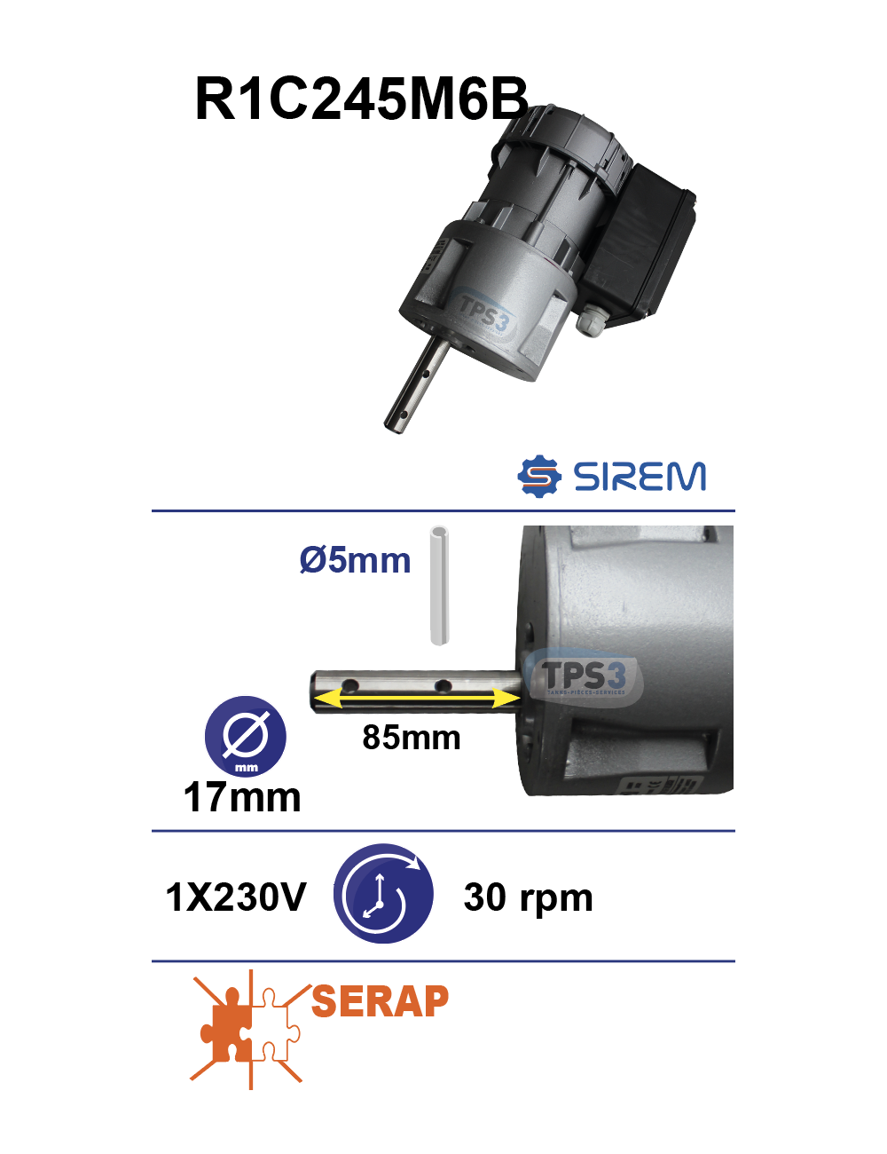 Motoréducteur R1C245M6B 30 tr/min arbre D:17 L:85 Motoréducteur R1C245M6B 30 tr/min arbre D:17 L:85