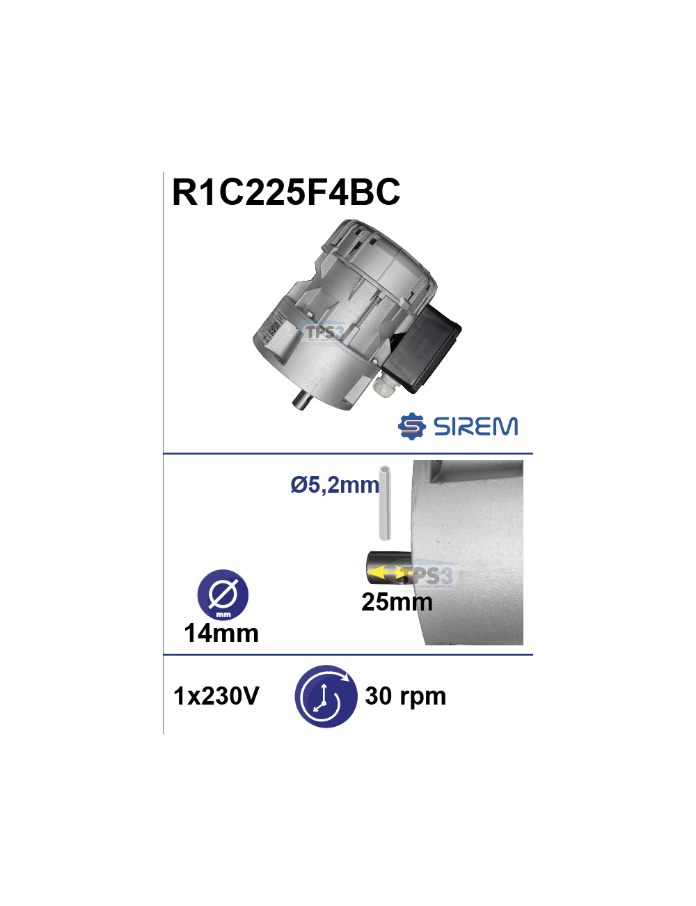 Motoréducteur R1C225F4BC 30tr/min arbre D:14 L:25 goupille 5,2
