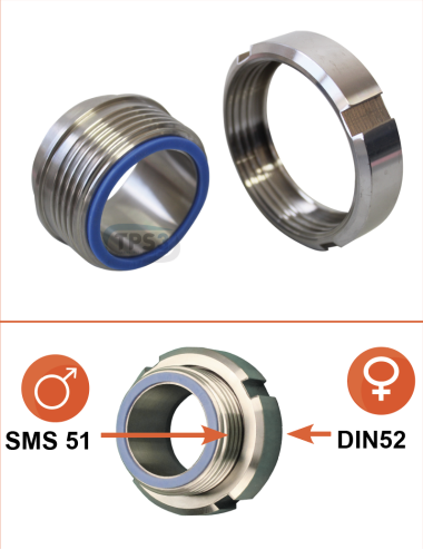 Adaptation inox femelle DIN Ø52 / mâle SMS Ø51