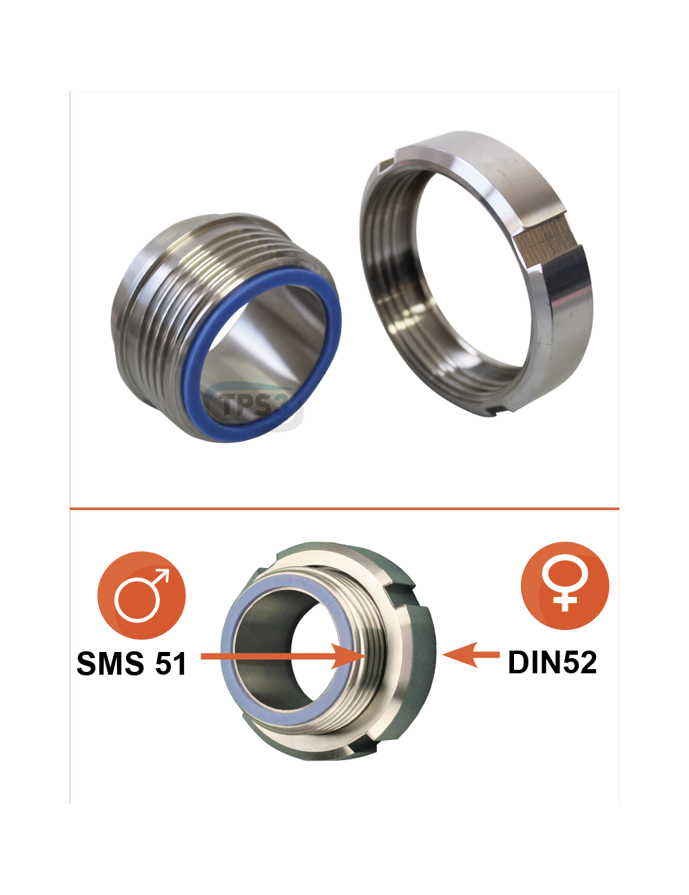 Adaptation inox femelle DIN Ø52 / mâle SMS Ø51 Adaptation inox femelle DIN Ø52 / mâle SMS Ø51