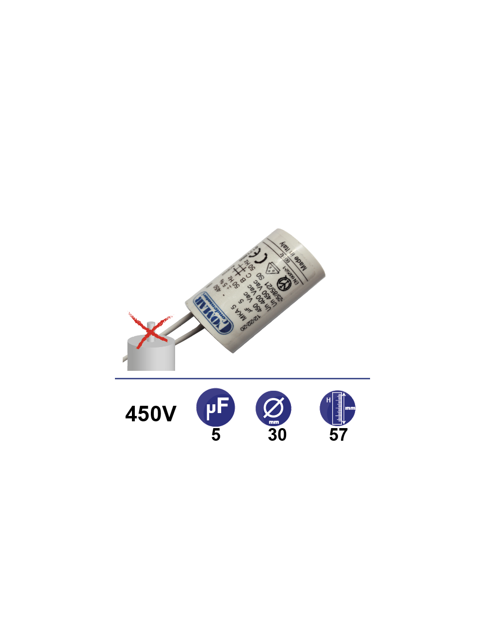 Condensateur 5µF 450V sans vis Condensateur 5µF 450V sans vis