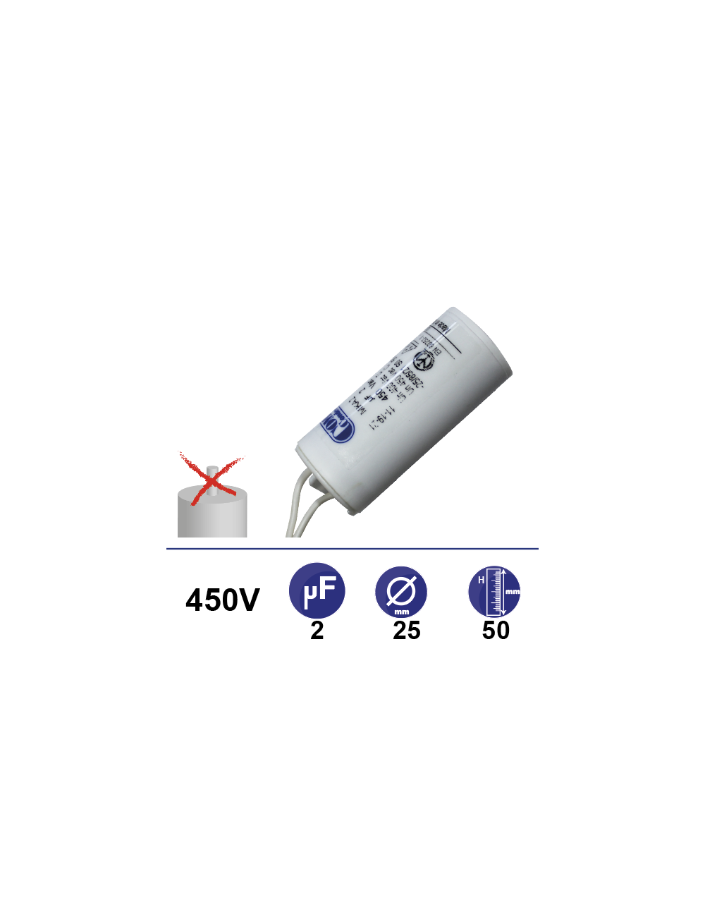 Condensateur 2µF 450V sans vis Condensateur 2µF 450V sans vis