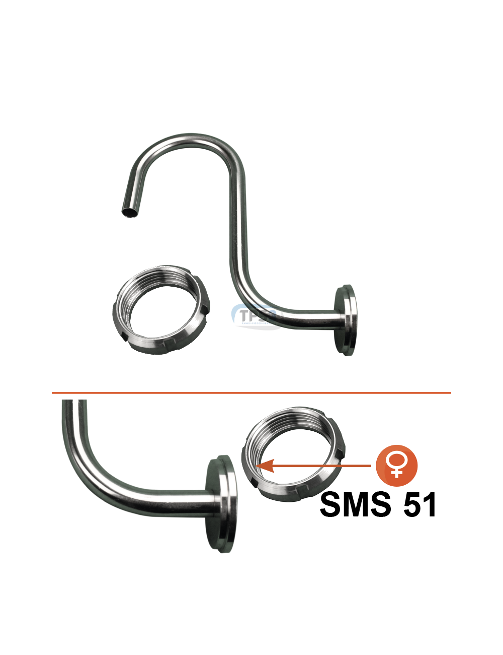 Col de cygne SMS Ø51 + Ecrou inox femelle SMS Ø51 Col de cygne SMS Ø51 + Ecrou inox femelle SMS Ø51