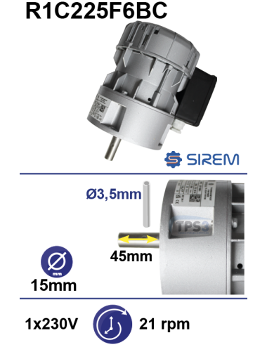 Motoréducteur R1C225F6BC 21tr/min arbre D:15 L:45 goupille 3,5