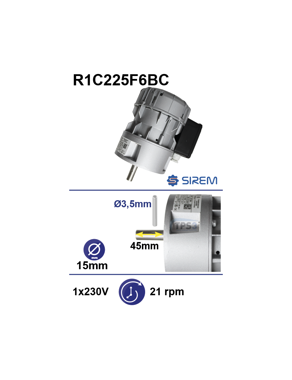 Motoréducteur R1C225F6BC 21tr/min arbre D:15 L:45 goupille 3,5