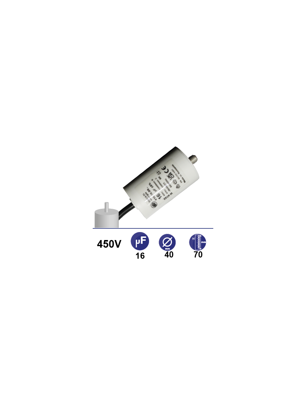 Condensateur 16µF 450V avec tige de fixation Condensateur 16µF 450V avec tige de fixation