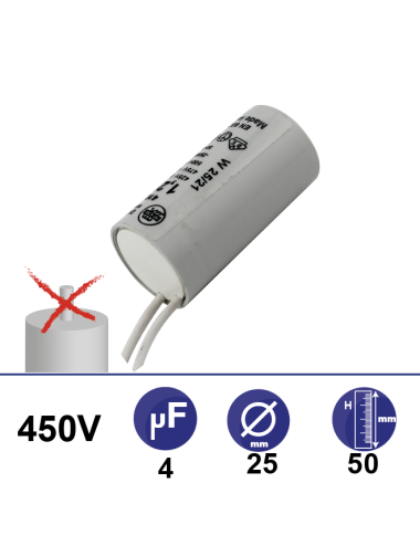 Condensateur 1,25µF 450V sans vis 2 fils longueur 150mm