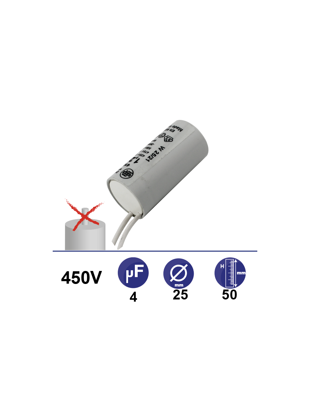 Condensateur 1,25µF 450V sans vis 2 fils longueur 150mm Condensateur 1,25µF 450V sans vis 2 fils longueur 150mm