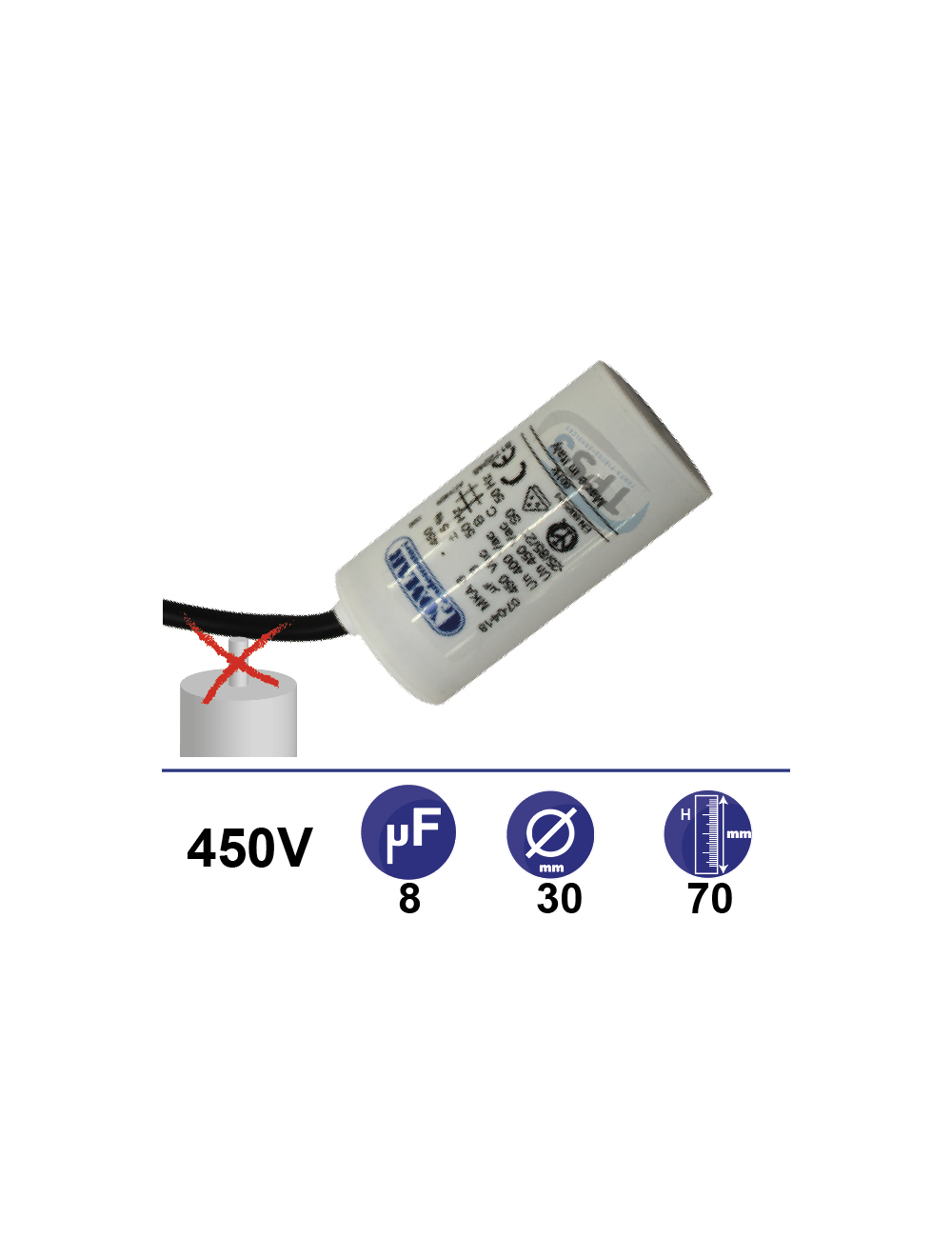 Condensateur 8µF 450V sans tige de fixation Condensateur 8µF 450V sans tige de fixation
