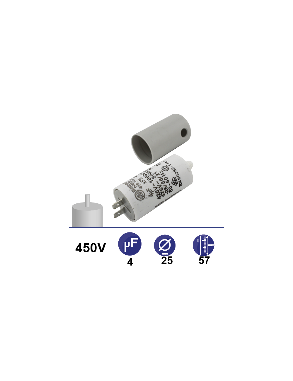 Condensateur 4µF 450V avec tige de fixation et capuchon connectique par cosse Condensateur 4µF 450V avec tige de fixation et capuchon connectique par cosse