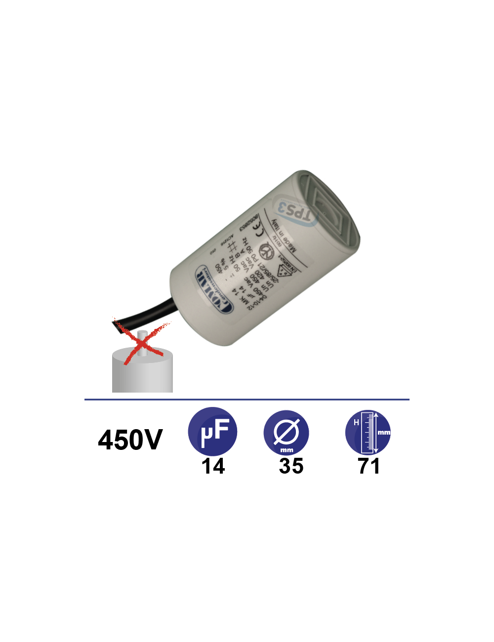 Condensateur 14µF 450V sans tige de fixation Condensateur 14µF 450V sans tige de fixation