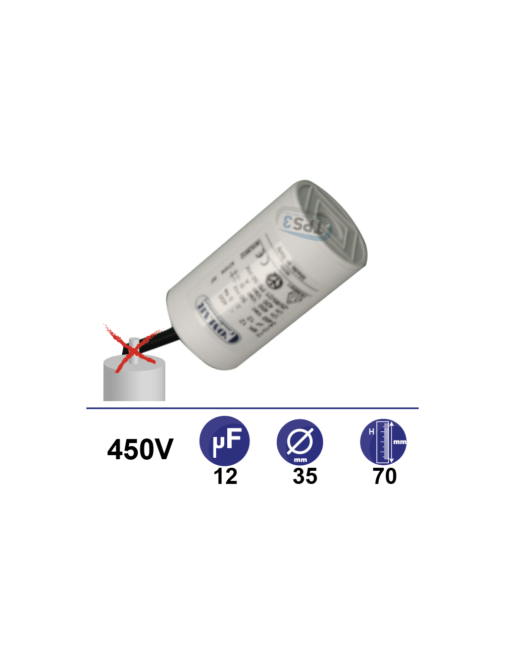 Condensateur 12µF 450V sans tige de fixation Condensateur 12µF 450V sans tige de fixation