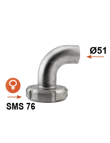 Réduction inox femelle SMS Ø76 / lisse Ø51 coudé