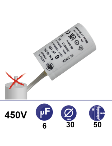 Condensateur 6µF 450V sans vis 2 fils longueur 110mm