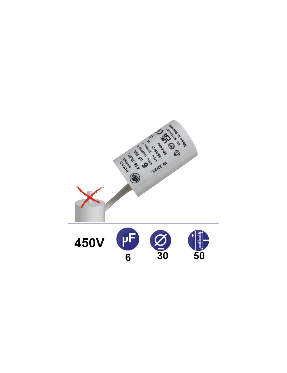 Condensateur 6µF 450V sans vis 2 fils longueur 110mm