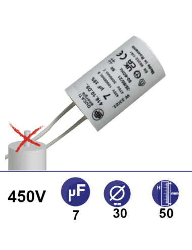 Condensateur 7µF 450V sans vis 2 fils longueur 110mm