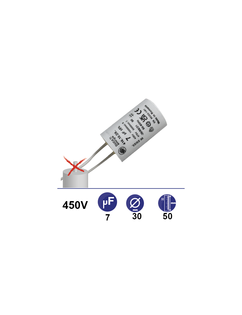 Condensateur 7µF 450V sans vis 2 fils longueur 110mm