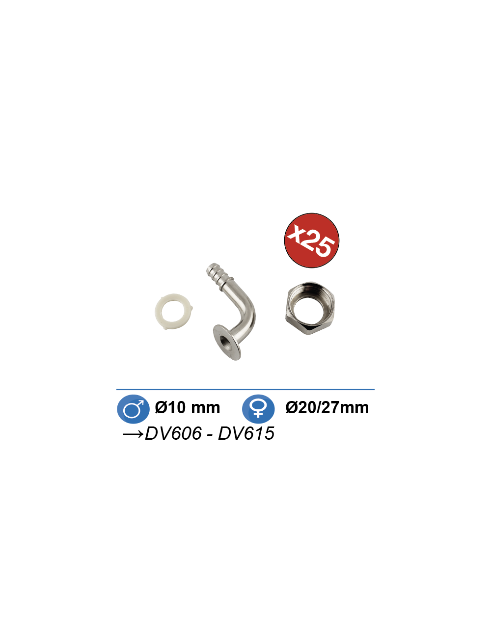 Raccord nipple laiton nickelé coudé Ø9 20/27, par sachet de 25 Raccord nipple laiton nickelé coudé Ø9 20/27, par sachet de 25