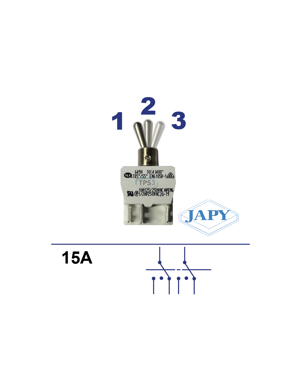 Interrupteur 3 positions, 2 inverseurs 15A Interrupteur 3 positions, 2 inverseurs 15A
