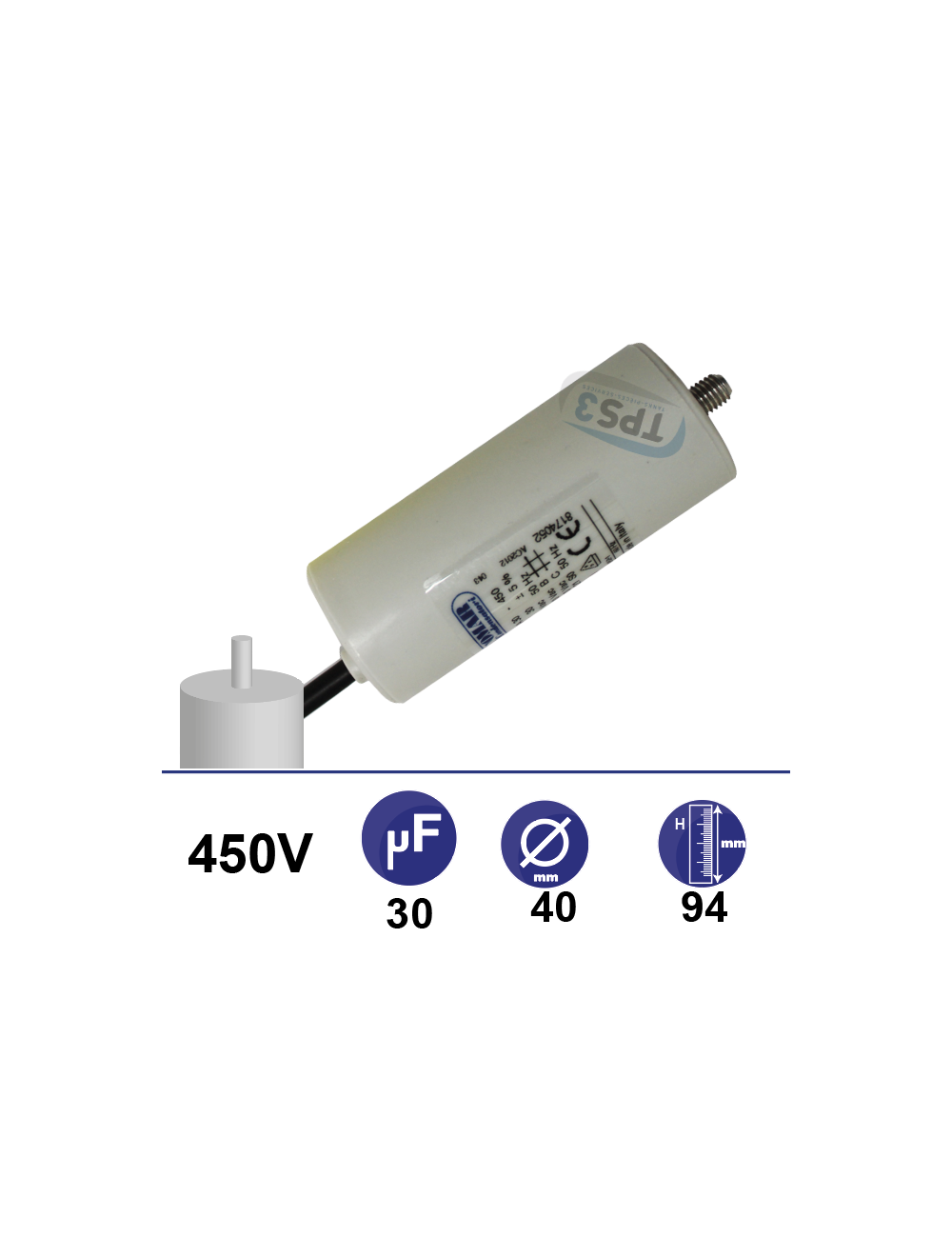 Condensateur 30µF 450V avec tige de fixation Condensateur 30µF 450V avec tige de fixation
