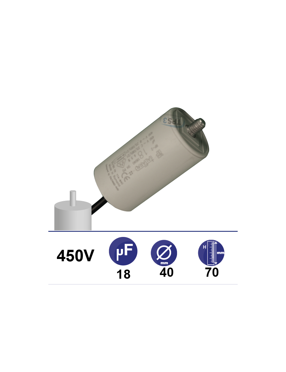 Condensateur 18µF 450V avec tige de fixation Condensateur 18µF 450V avec tige de fixation