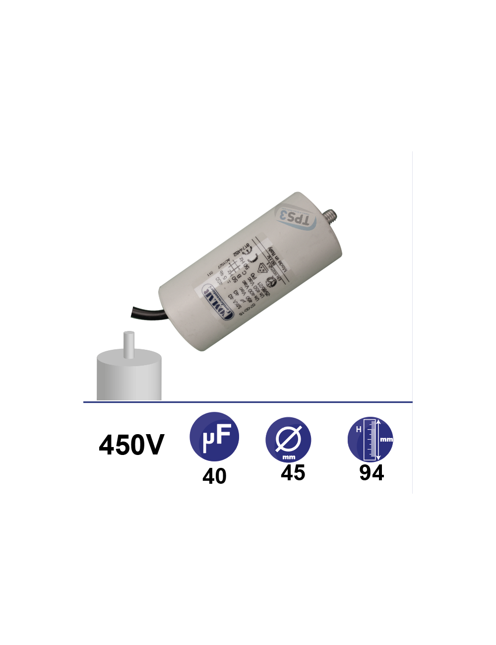 Condensateur 40µF 450V avec tige de fixation Condensateur 40µF 450V avec tige de fixation