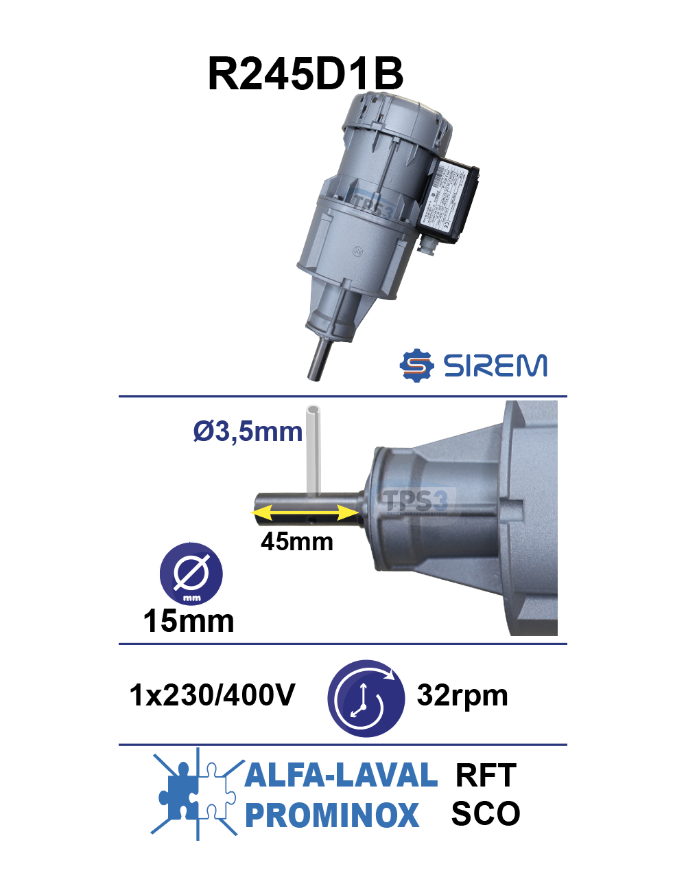 Motoréducteur R245D1B 32tr/min arbre D:15 L:45