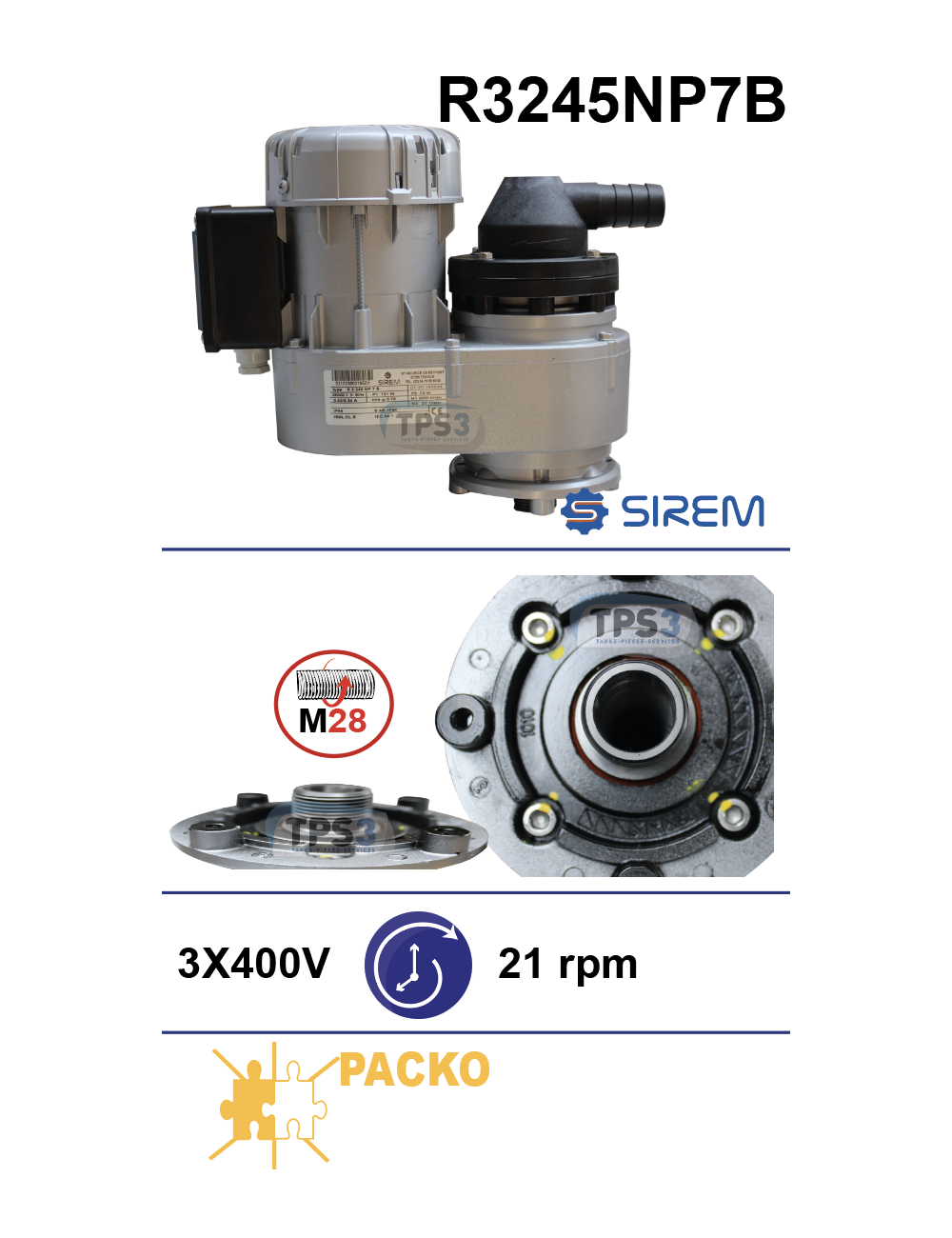 Motoréducteur R3245NP7B 21tr/min arbre creux fileté M28