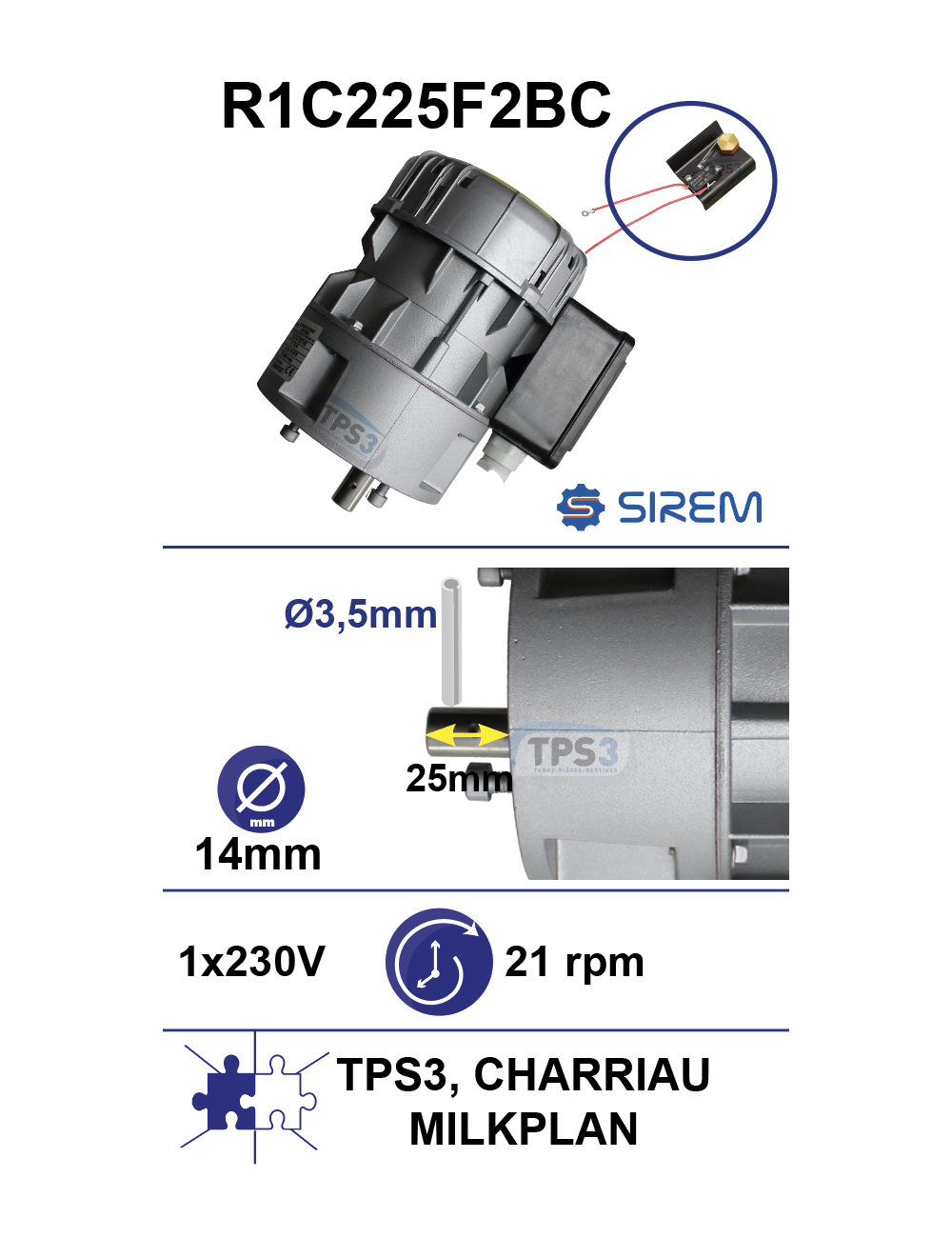 Motoréducteur R1C225F2BC 21tr/min arbre D:14 L:25 + MR Motoréducteur R1C225F2BC 21tr/min arbre D:14 L:25 + MR