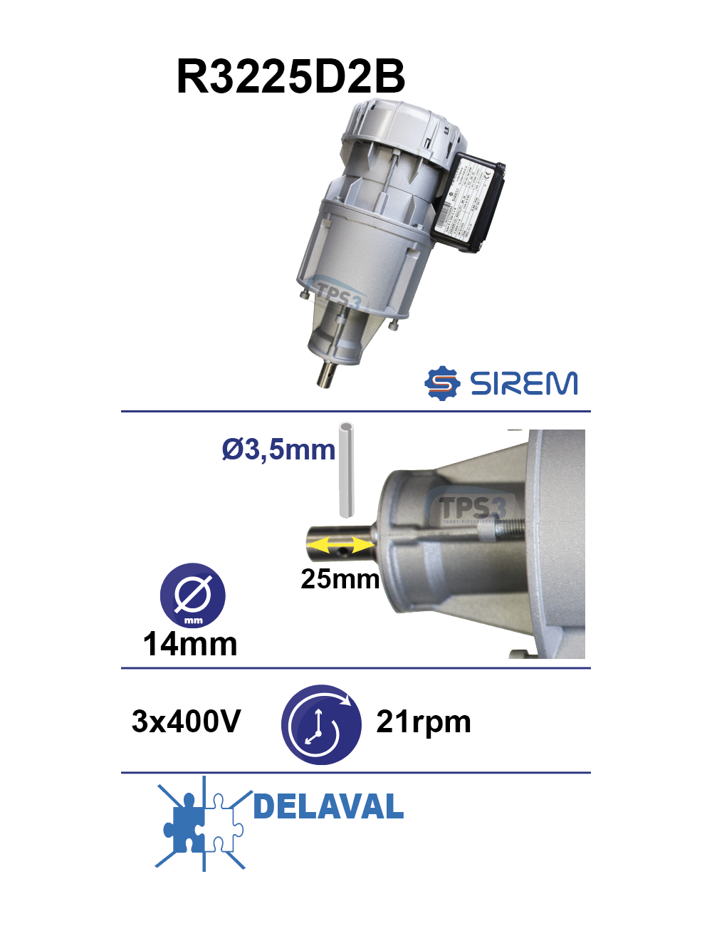 Motoréducteur R3225D2B 21tr/min arbre D:14 L:25 goupille 3,5